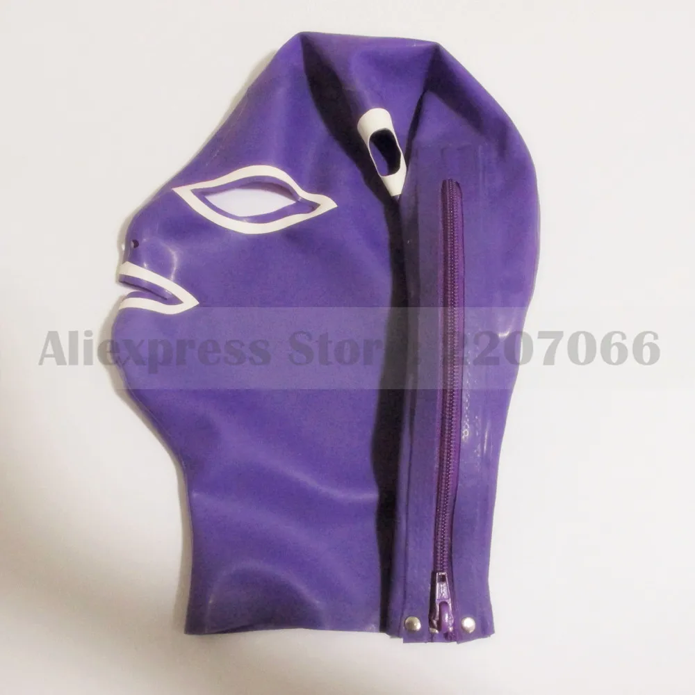 

Unisex purple and white trims latex rubber mask hood with hair through holes sexy latex club customes handmade RLM004