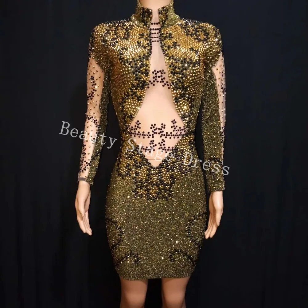 

Gold Rhinestones Stretch Jumpsuit Women's Evening Party Wear Black Stones Bodysuit Costume Prom Birthday Celebrate Dance Outfit