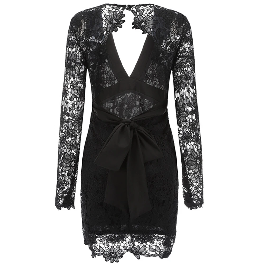 

Sexy Wedding Party Black Lace Dress Long Sleeve Sheath Bodycon Keyhole Back Deep V Neck Club Wear Mini Pink Wrap Dresses Sashes