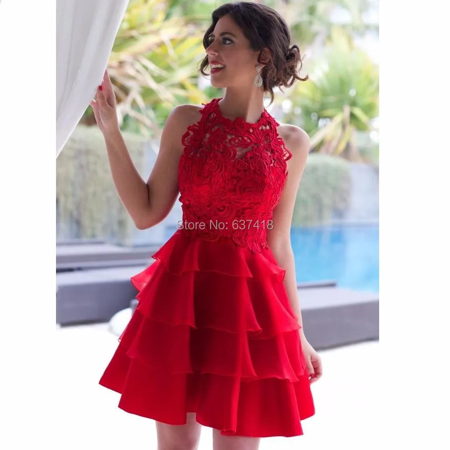 Vestidos de Formatura Red Graduation Dress Short Homecoming Dresses Cocktail with Lace and Layered Skirt | Свадьбы и торжества