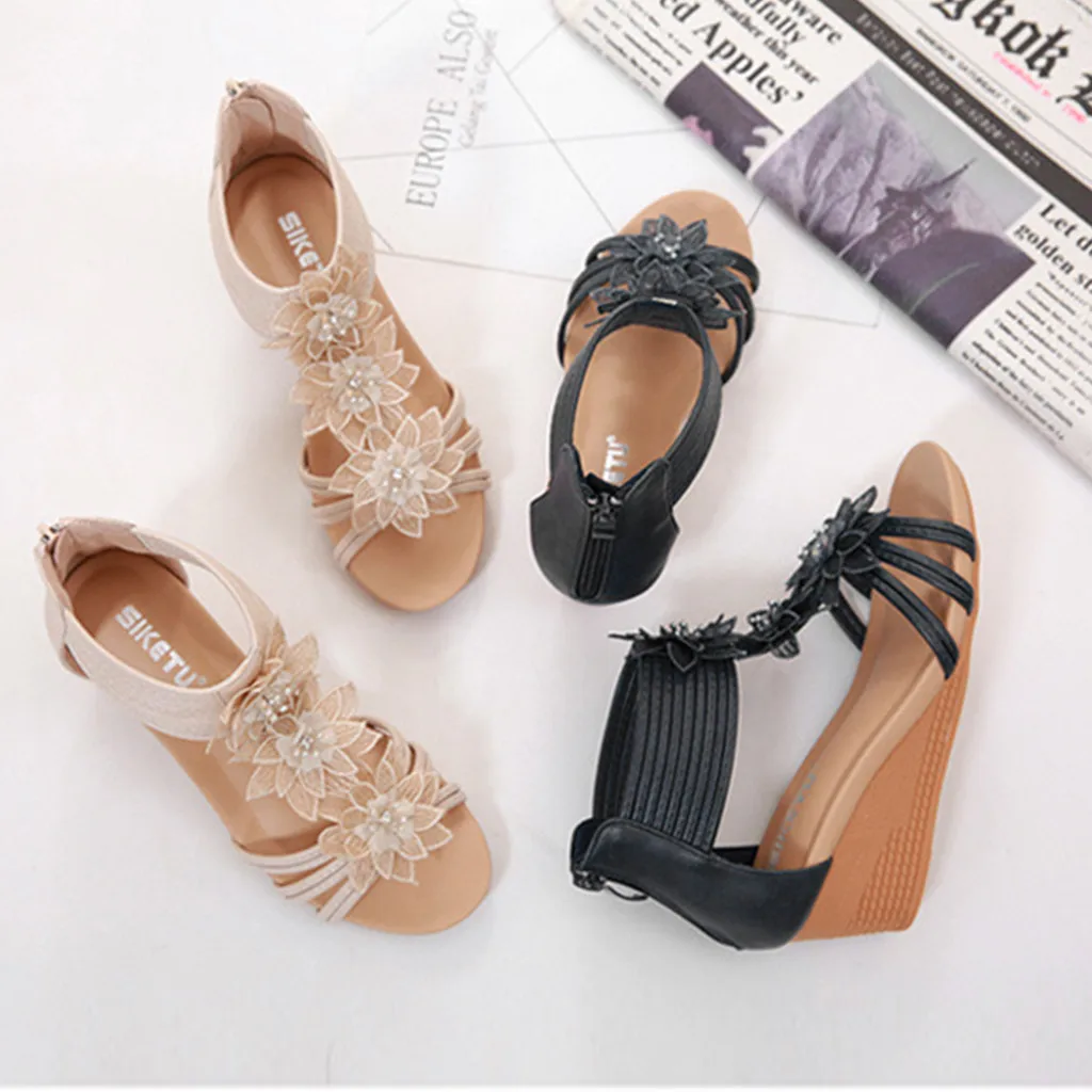 SAGACE Sandals Woman Lotus Roman Style Flower Wedge Shoes Cover Heel Casual Black Sexy Popular Vogue Sandals Women Summer Shoes