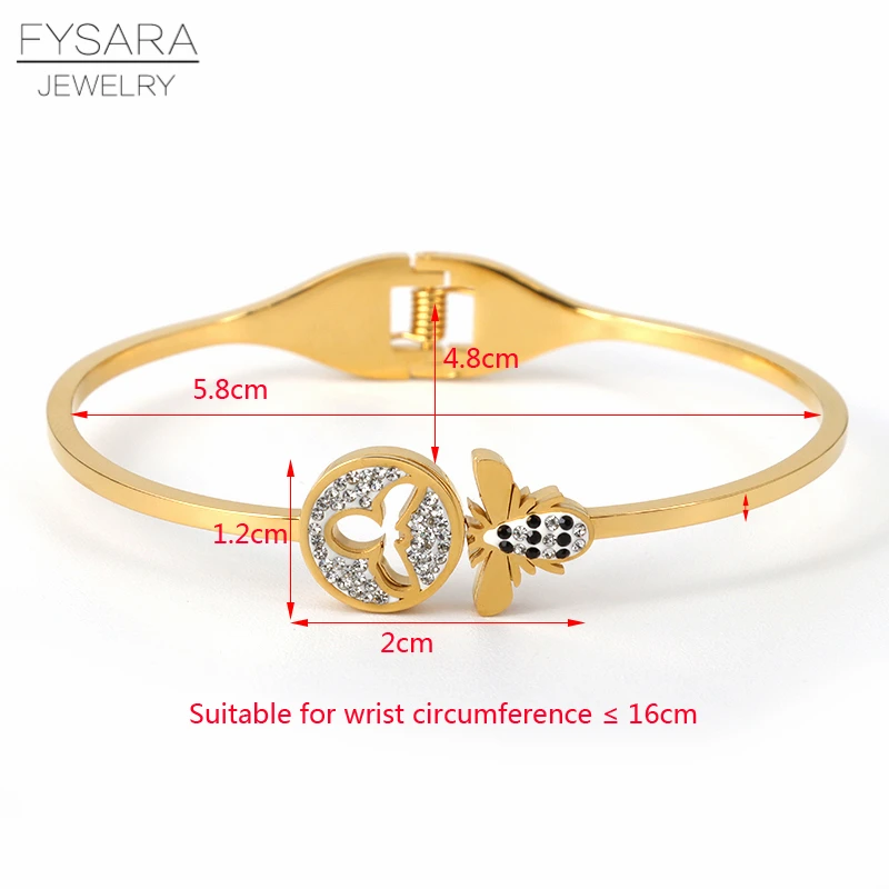 FYSARA Classic Insect Design Bees Crystals Bangle Bracelet for Women Stainless Steel Gold Color Cuff Bracelets Famous Jewelry | Украшения и