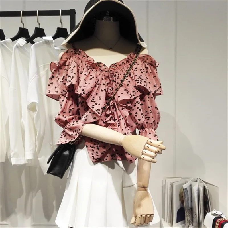 Женская шифоновая блузка в горошек с оборками и вырезом лодочкой топ открытыми