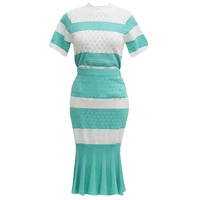 perhaps u green striped patchwork knitted o neck short sleeve top elastic waist mermaid knee length skirt two piece set t0161