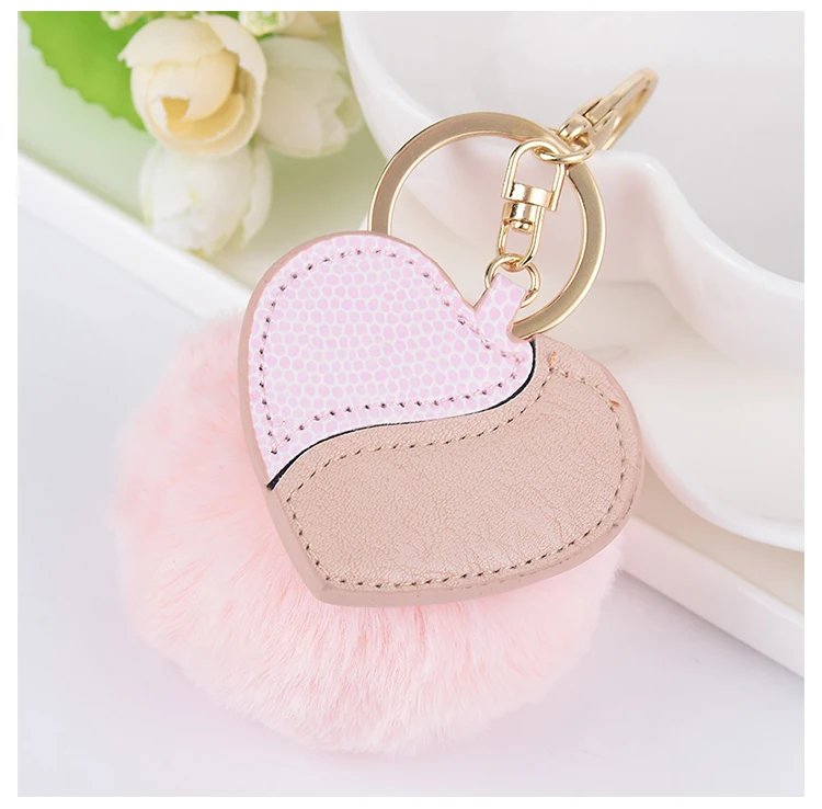 Fur Ball Key Chain Rings Pendant Cute Pompom Heart Shape Keychain Women Car Bag Ring | Chains