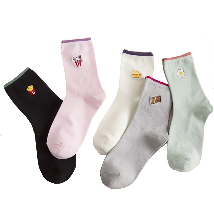 1 пара, calcetines mujer, Корейская креативная Модная вышивка, Мультяшные закуски, картофель фри, попкорн, яйцо, милый Meias Harajuku, забавные носки