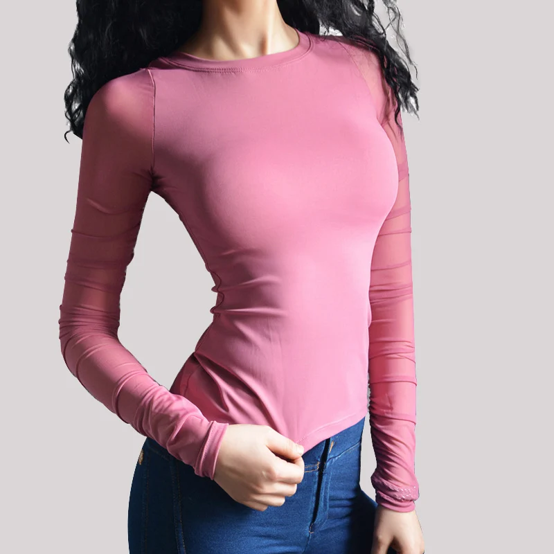 Pink SALSPOR, сексуальная женская спортивная рубашка для йоги, одноцветная, сетчатая, дышащая, с длинным рукавом, футболки для спортзала, женские эластичные облегающие топы для фитнеса - Цвет: Pink