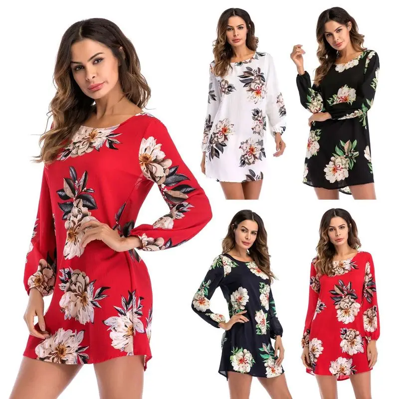 

Женское короткое платье с цветочным принтом Boho, элегантное шифоновое платье с длинными рукавами и круглым вырезом на спине, с бантом, большие размеры