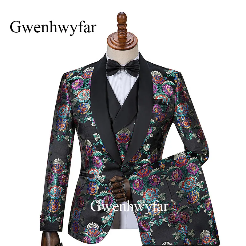 Роскошные мужские Цветочные костюмы Gwenhwyfar 2019 черный облегающий женский