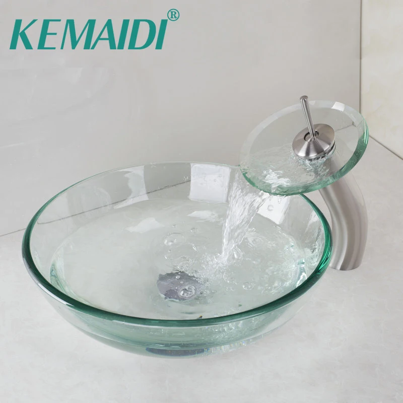 Круглый матовый кран Водопад KEMAIDI + стеклянная чаша Victory раковина для ванной