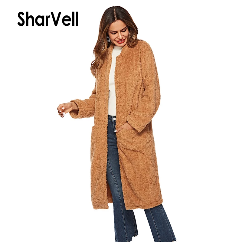 SharVell Women Open Stitch Casual Coats Full Sleeve Velvet X-Long Length Coat O-Neck Wide-waisted Trench Windbreaker Teddy | Женская