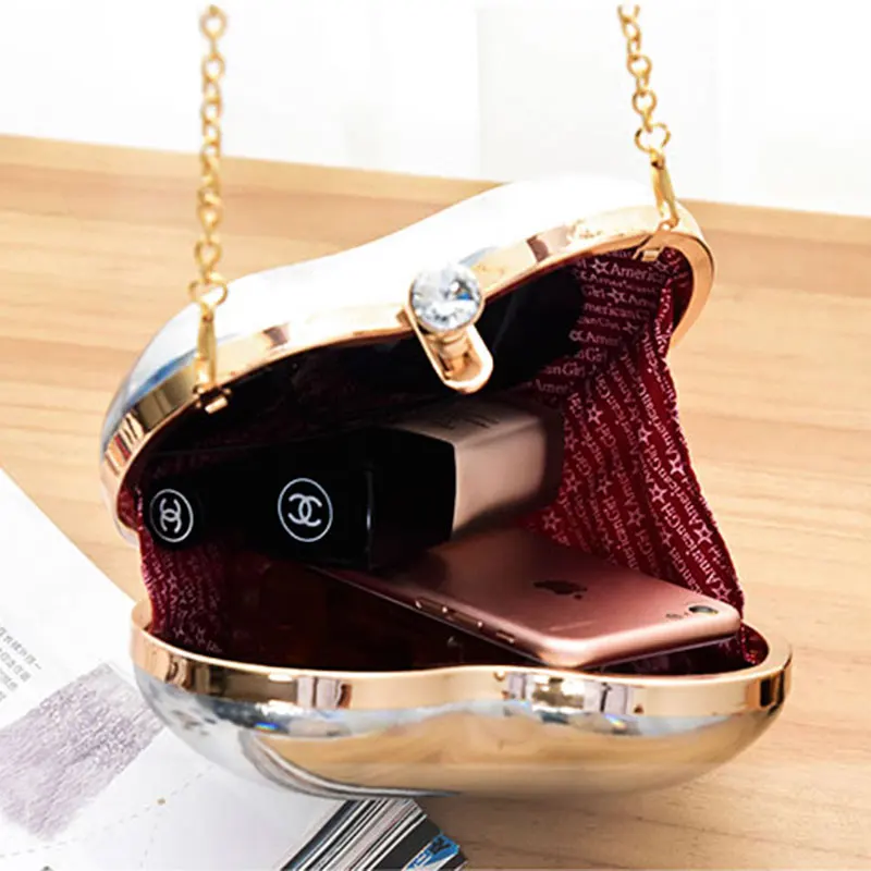 

Ladies Heart Shape Evening Gold Clutch Bag Fashion Women Evening Bag Bridal Wedding Party Purses Chain Bag bolsas