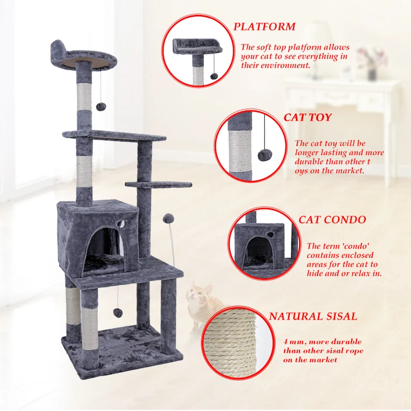 Компактная Когтеточка Cat Tree с роскошной двойной лестницей и пушистый шар|Мебель