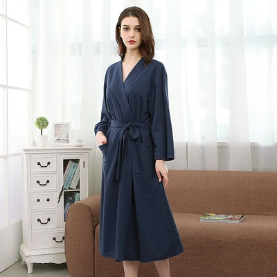 navy blue female Халат для пар хлопчатобумажный, Вафельный Рисунок мужской халат ночная рубашка Женский Халат банный флисовый халат халаты пижамы одежда для сна - Цвет: navy blue female