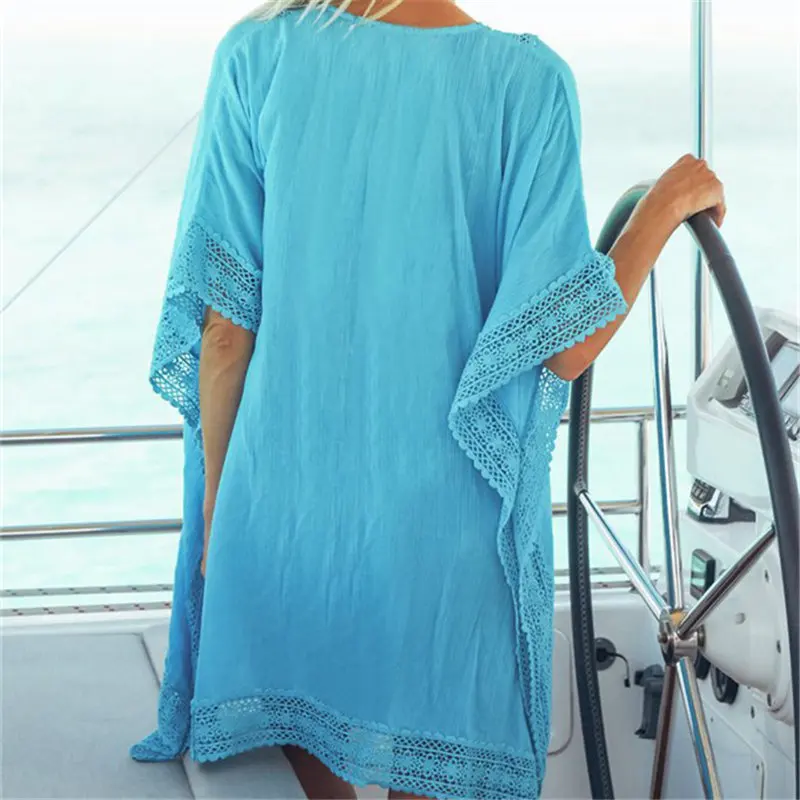 2020 синее повседневное открытое летнее пляжное платье в стиле пэчворк белая