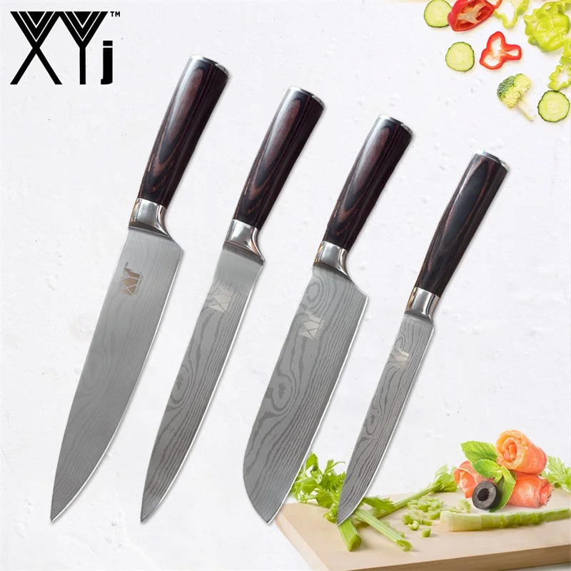 C.(4 Pcs Set) XYj Дамасские жилы из нержавеющей стали кухонный нож набор шеф-повара для нарезки сантоку универсальный фруктовый кухонный нож аксессуары инструменты - Цвет: C.(4 Pcs Set)