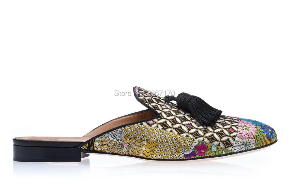 Men Mixed Color Floral Embroidered Fringe Half Slippers Slip on Mules Casual Shoes Flats Smoking | Обувь