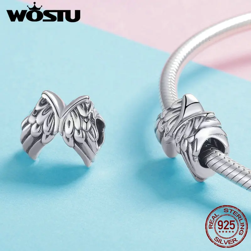 WOSTU, новинка, 925 пробы, серебряные крылья стража, бусины, подходят для шарма, браслет, ожерелье, Подвеска для женщин, серебряные ювелирные изделия, FIC1091