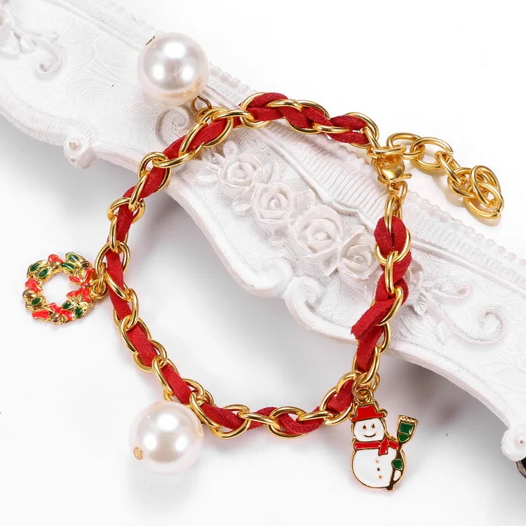 2016 Кристалл Браслет Сплава Цинка Красная Кожаная Веревка Жемчужина Рождество