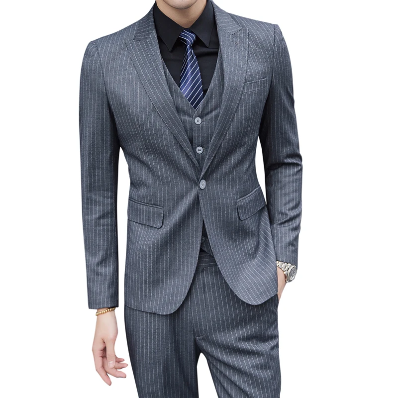 (Пиджак + жилет брюки) новинка 2019 мужской модный приталенный костюм в полоску