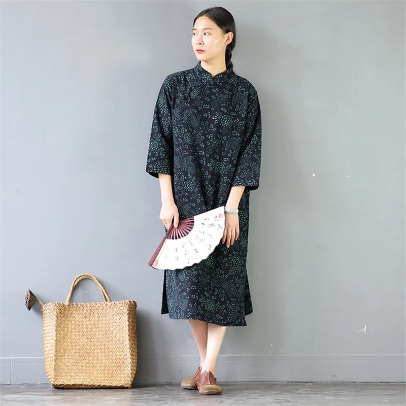 SCUWLINEN Vestidos, женское весеннее летнее платье, винтажное, с принтом, на кнопках, три четверти, свободное льняное платье, Повседневное платье S299