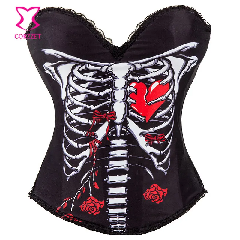 

Skeleton&Red Heart Print Burlesque Corselet Corset Overbust Push Up Corsets And Bustiers Sexy Korsett For Women Gothic Clothing