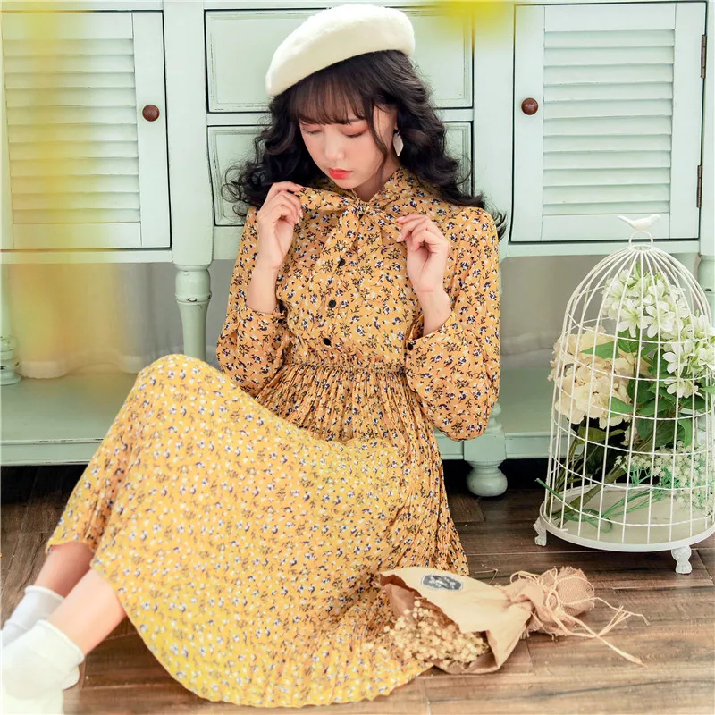 REAL PHOTO Print Dress Корейской Моды Стенд Воротник С Длинным Рукавом Талия Тонкий