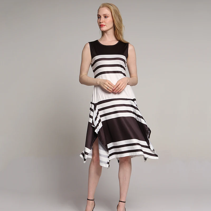 Женское платье в полоску с круглым вырезом без рукавов | Женская одежда
