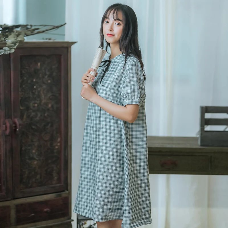 Mori Girl летнее женское платье круглый вырез лента зеленая в клетку свободное Vestidos