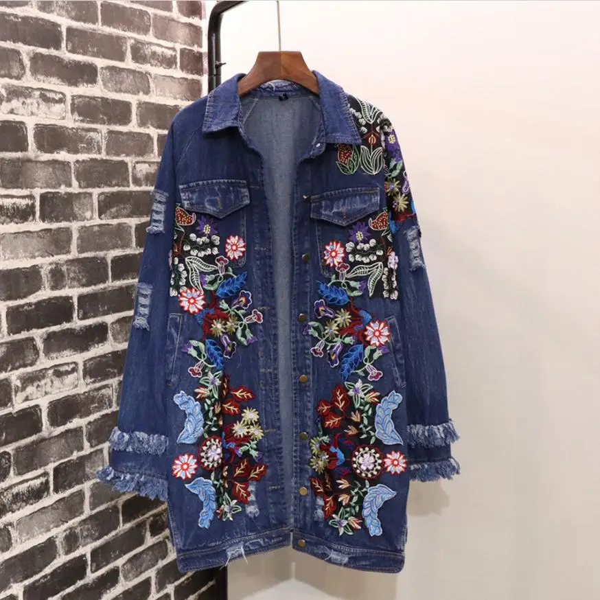 

2018 spring autumn fashion Heavy-duty embroidery beaded loose slimming wild denim jacket coat female casual jeans outwear L902