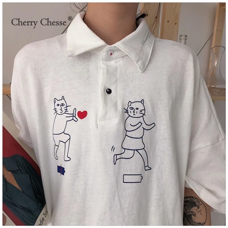 Cherry Chesse Harajuku мультфильм футболка короткий рукав отложной воротник Для женщин