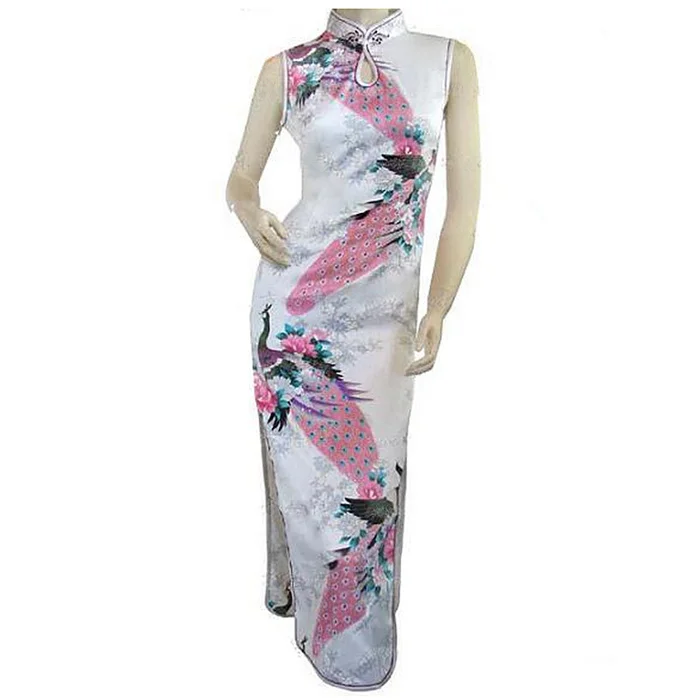 Женское длинное платье Ципао черное шелковое из искусственного шелка с цветами