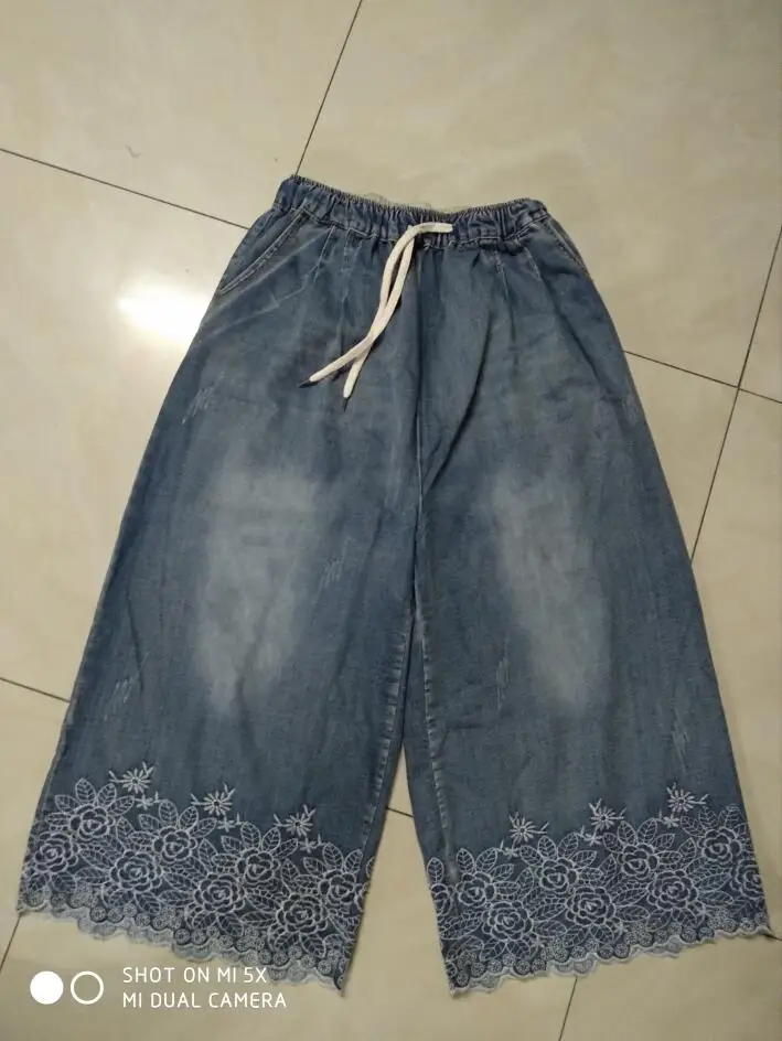 

2019 spring autumn Women Jeans vintage lace Embroidered Loose Trousers Denim Pants Femme Plus Size Wide Leg Pants r748