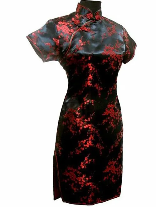 Черное винтажное китайское женское атласное мини-платье Ципао с цветочным