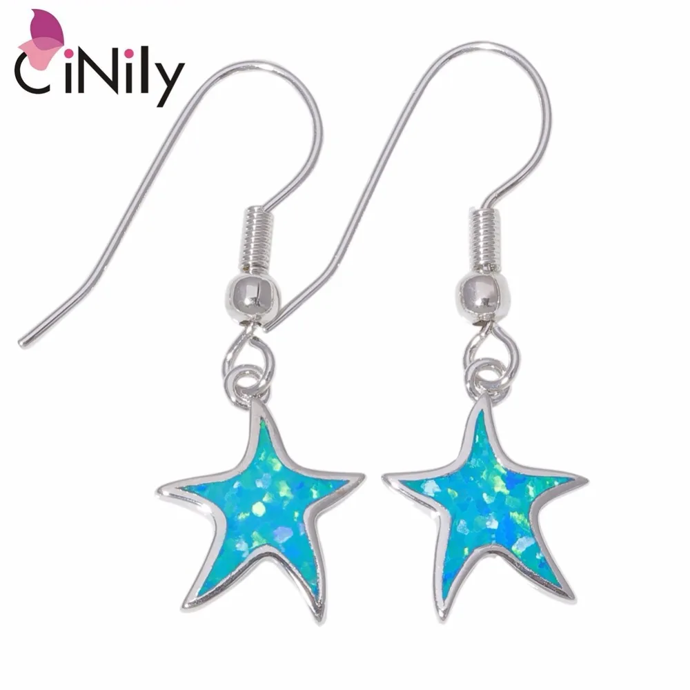 

CiNily Created Blue Green Fire Opal Silver Plated Wholesale Star for Women Jewelry Engagement Dangle Earrings 1 1/4" OH4488-89