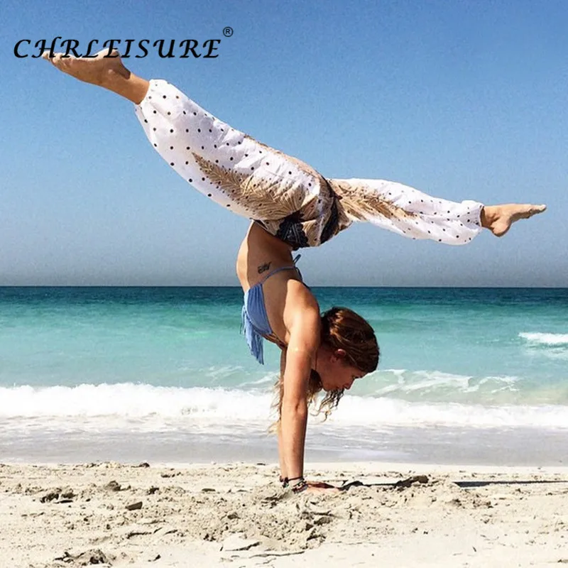 Chrleisure осень Высокая Талия штаны шаровары Модные женские с принтом перьев для