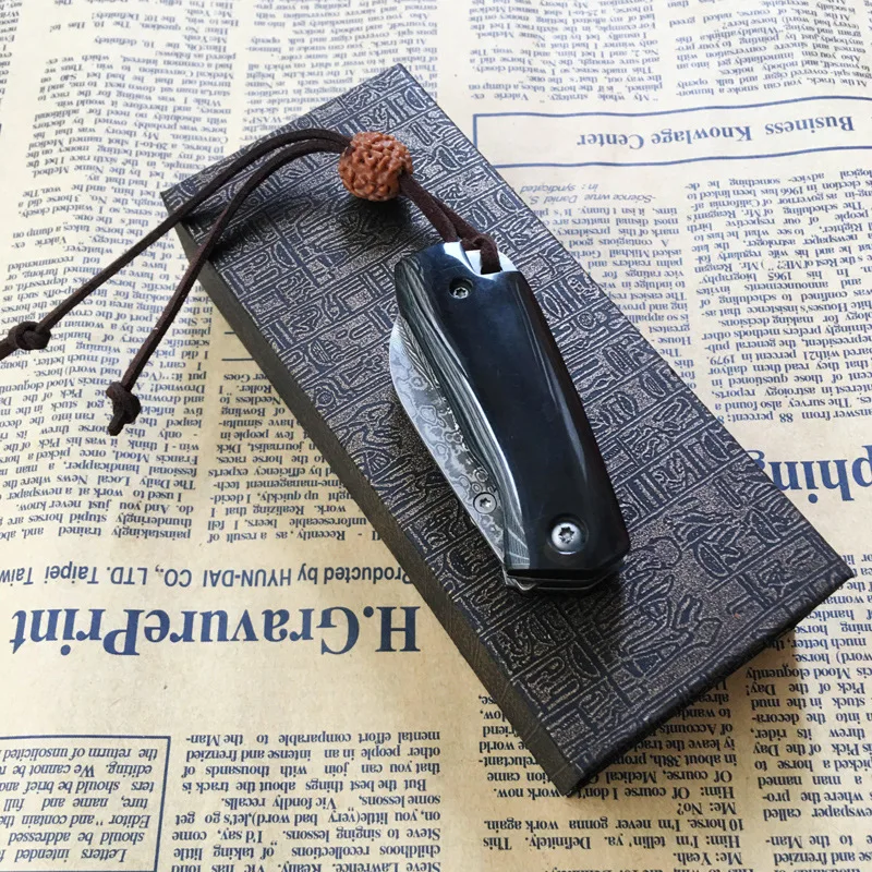 Походный нож складной дамасский Клинок с ручкой в виде рога для приготовления