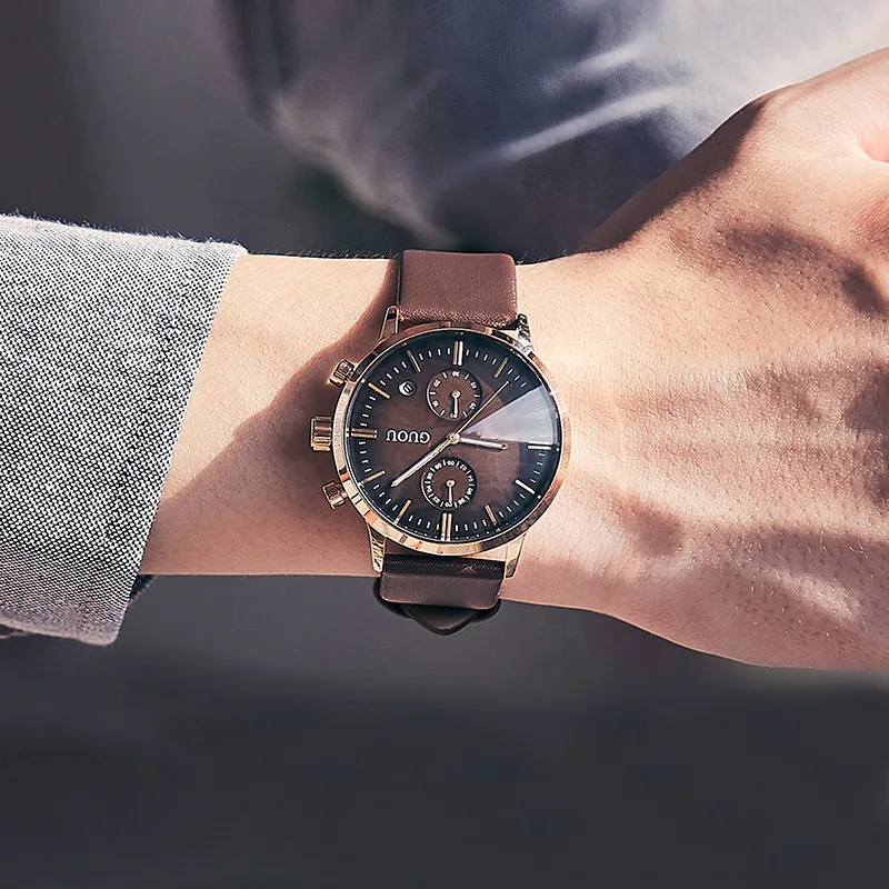 2019 Man Quartz Watch Multifunctional Calendar Waterproof Leather watchband two eyes round dial simple men watch G8095