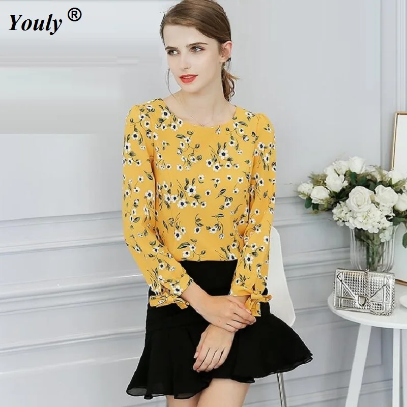 Long Sleeves Floral lace-up Ties Chiffon Blouse 2020 Women Autumn Yellow Printed Ladies Office OL Formal Blusas Casual Shirt Top