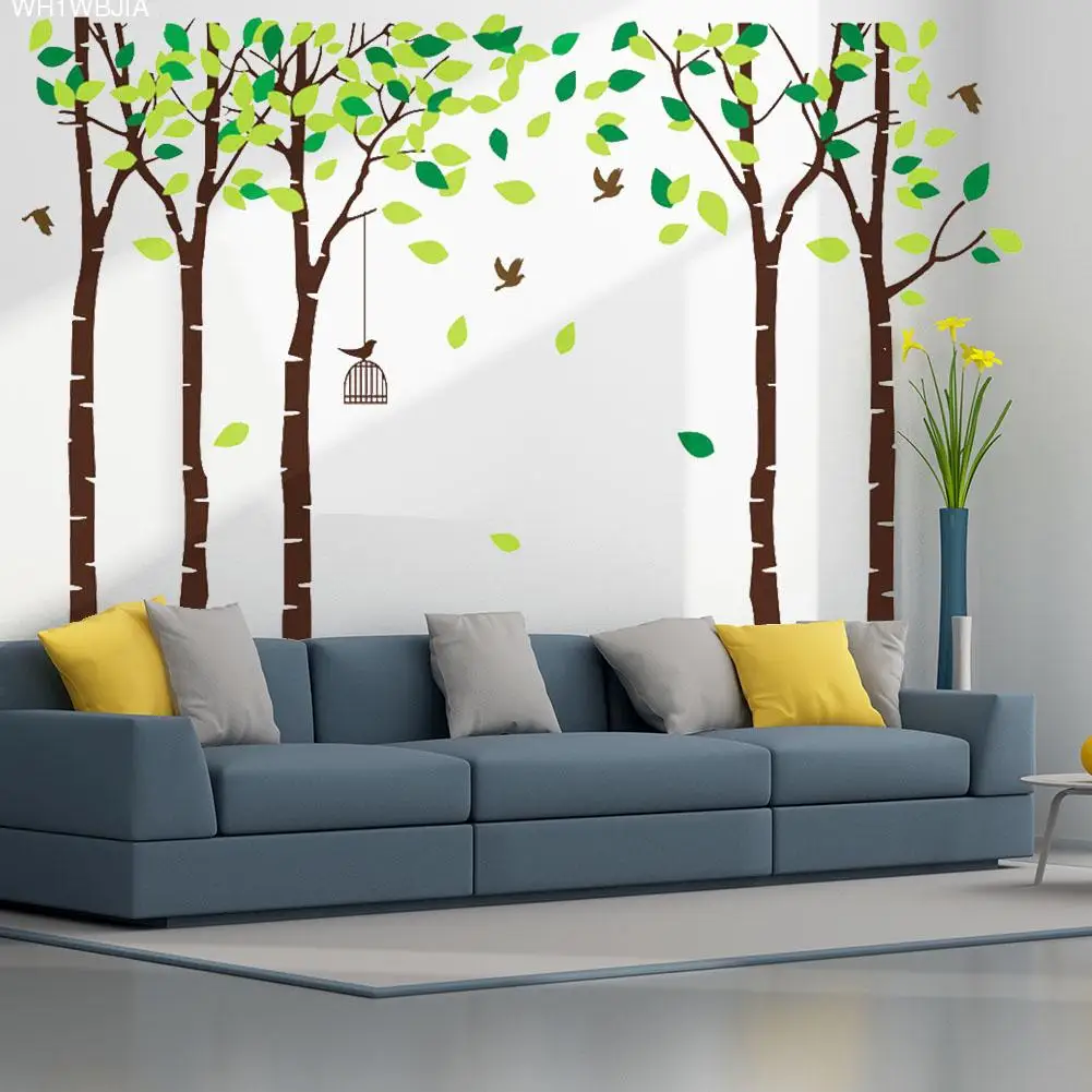 Large Background Wall Sticker 5 Trees Hanging Cage Flying Birds Tree Wall Stickers Baby Nursery Backdrop Decor Wall Decal
