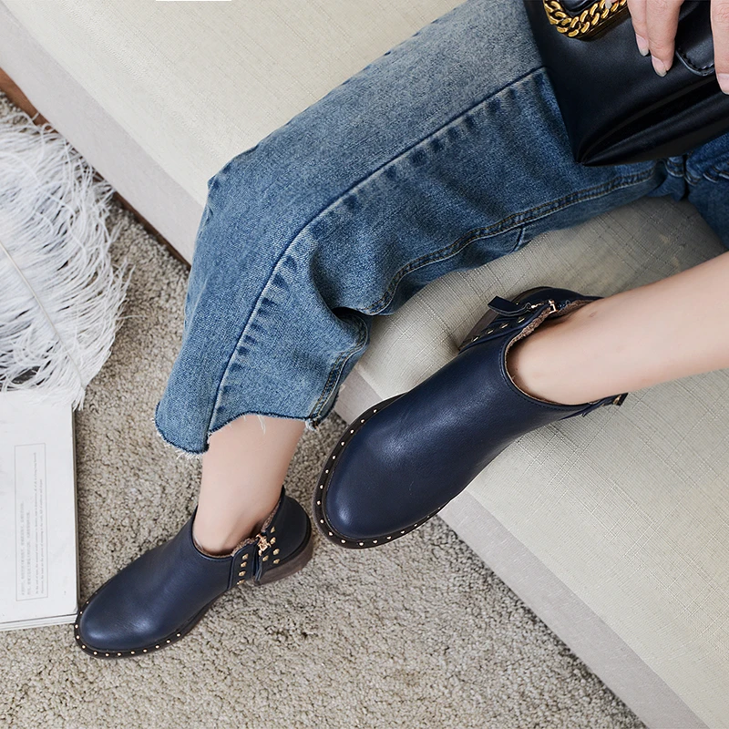 QUTAA Round Toe Casual Women Ankle Boots Winter Warm Fur Antiskid Shoes Fashion Rivet Thick Heel Zipper Boots Size 34-43