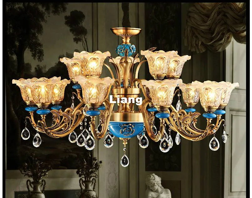 Free Shipping Copper Crystal Chandelier Bronze Blue Ceramic Lamp LED Lustre Suspensions Home Decoration 100% Guaranteed | Лампы и