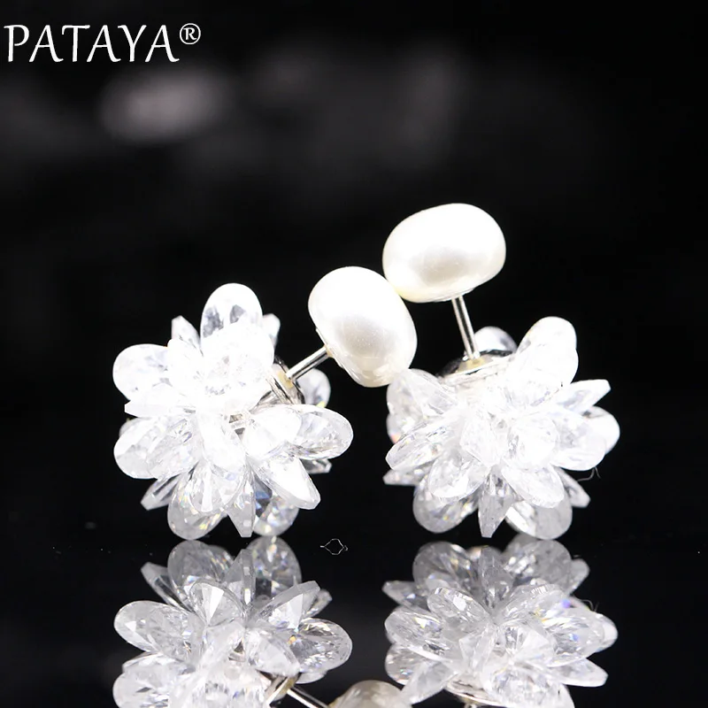 PATAYA, новинка 925, серебряные иголки, Настоящее Белое золото, натуральный жемчуг, шариковые серьги-гвоздики, женские серьги, Необычные циркониевые серьги, Благородные Ювелирные изделия