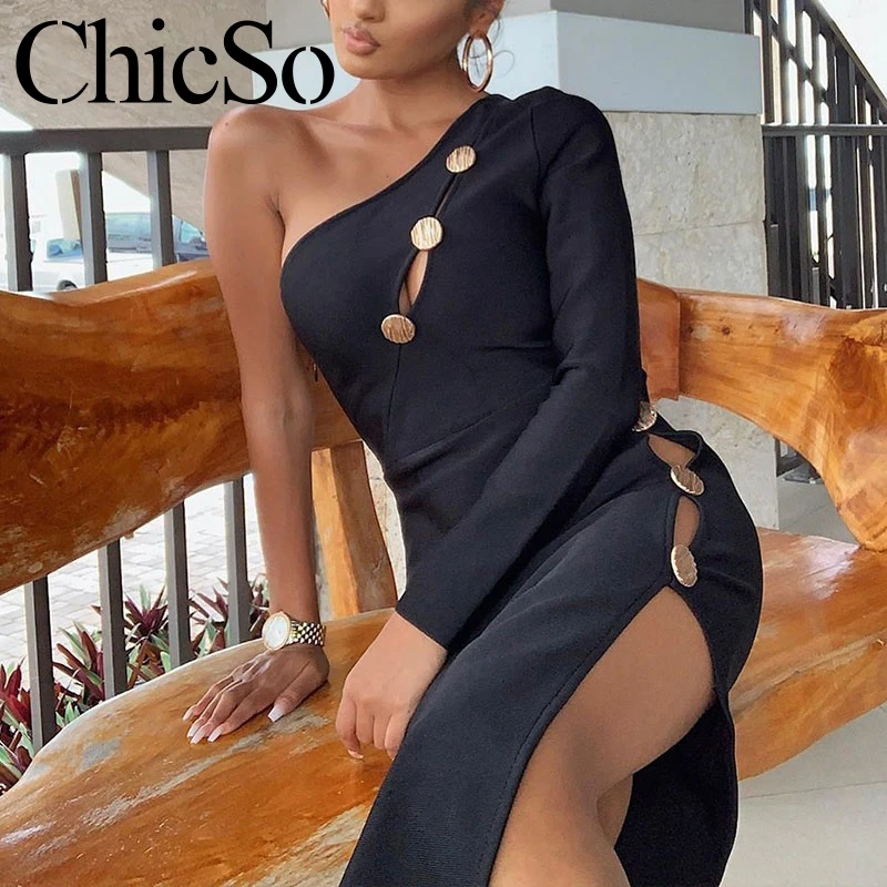 MissyChilli Long sleeve one shoulder midi dress women Coin button hollow out Summer sexy slim bodycon club black | Женская одежда
