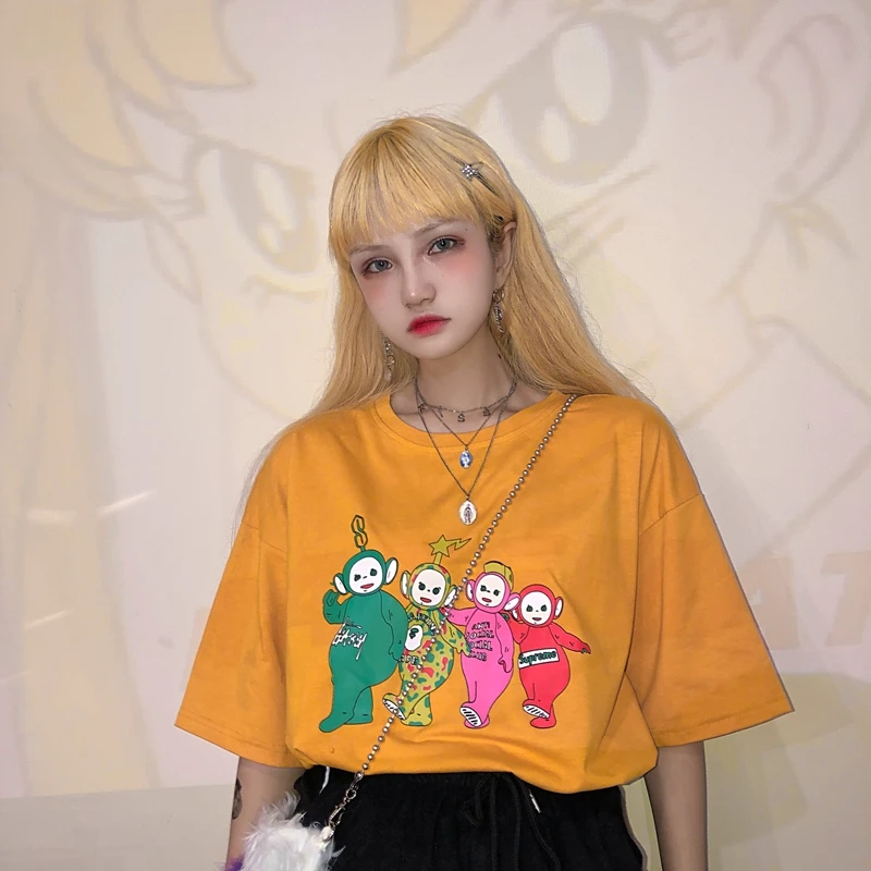Женская забавная футболка с принтом Teletubbies летний топ из хлопка Harajuku Корейская