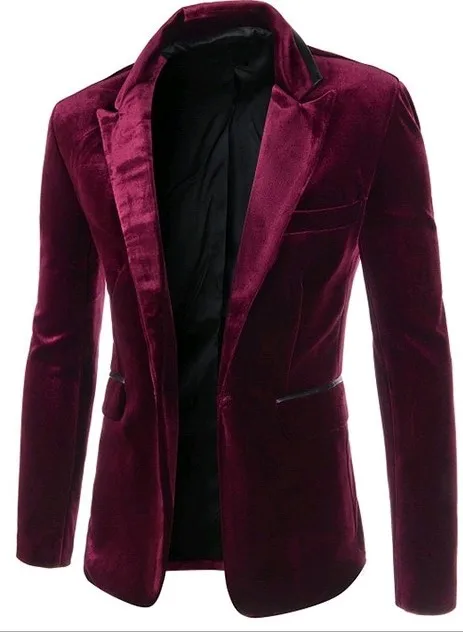 Мужской бархатный блейзер повседневный приталенный пиджак цвета красного вина