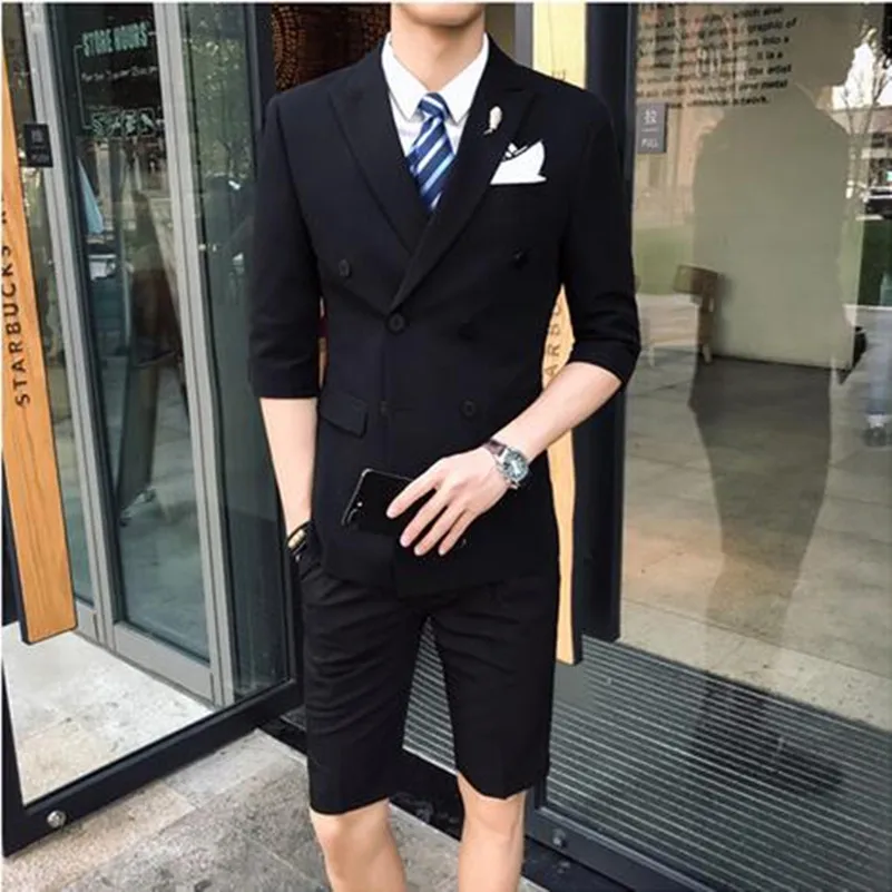 

New White Summer Men Suit with Short Pants Fashion Business Yong Summer Wear Prom Party Suits (jacket+pant)