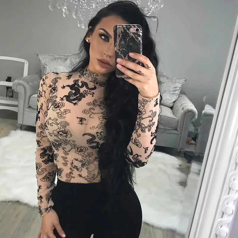 2017 Для женщин Повседневная Дамская водолазка печати сетки Ткань Дракон