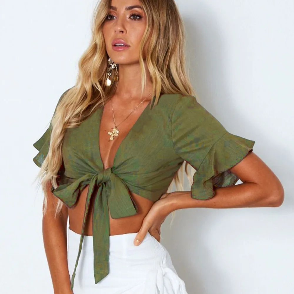 Летние пикантные топы Женская хлопковая рубашка футболка с глубоким V-образным