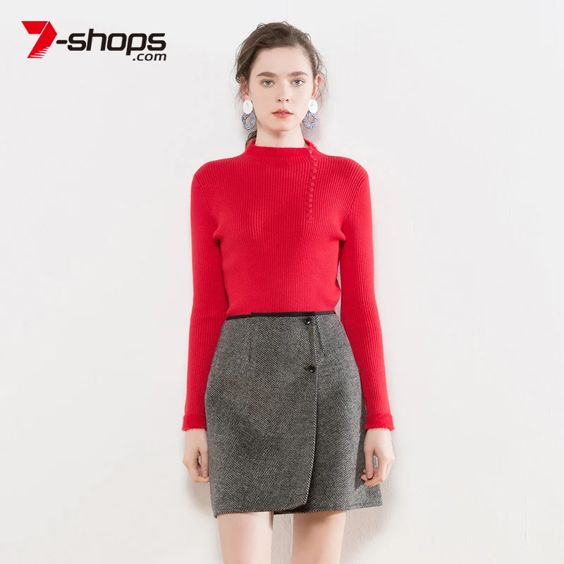 

AECU Women Sweater Knitted Pullover Long Sleeves Bodycon Semi-turtleneck Female Sweater Jumper With Button Gift For Women